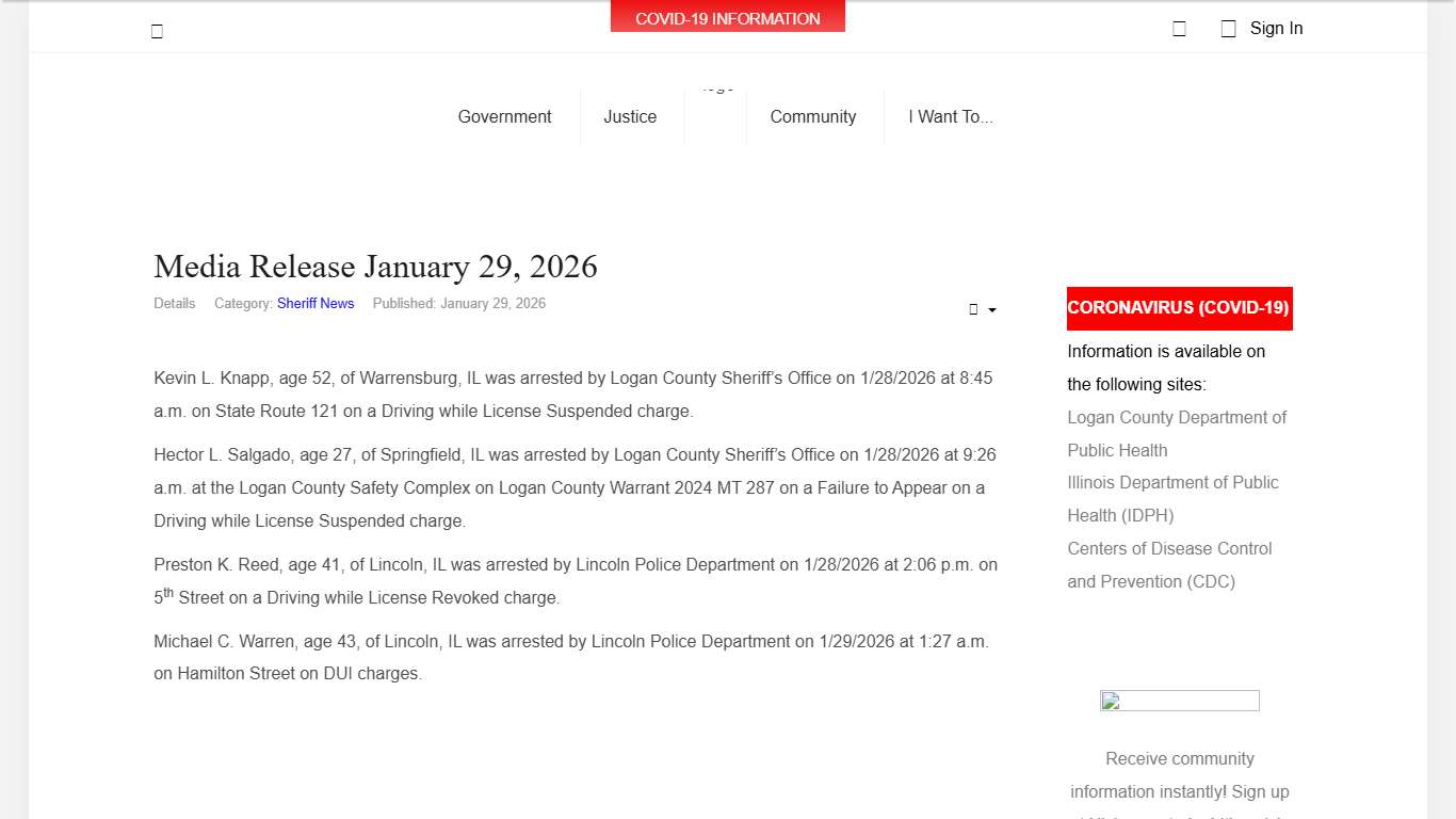 Logan County, Illinois - Media Release January 29, 2026